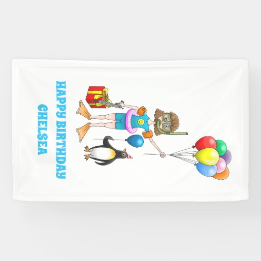 Het meisje en de pinguïn's pool party spandoek (Horizontaal)