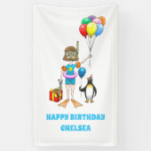 Het meisje en de pinguïn's pool party spandoek (Verticaal)