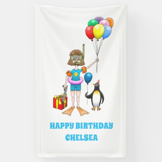 Het meisje en de pinguïn's pool party spandoek (Verticaal)