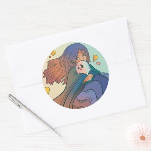 Het meisje en haar spook ronde sticker (Envelop)