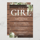 Het meisje Greenery Letter Rustic Wood Baby shower Kaart (Voorkant / Achterkant)