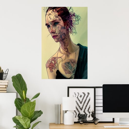 Het meisje met Cyber-Tattoos Poster (Thuiskantoor)