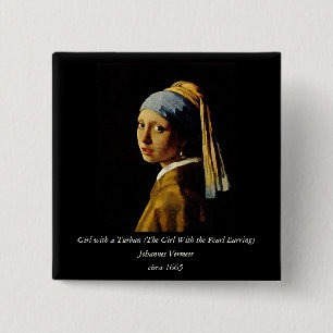 Het meisje met een Turban/Meisje met de parel Vierkante Button 5,1 Cm