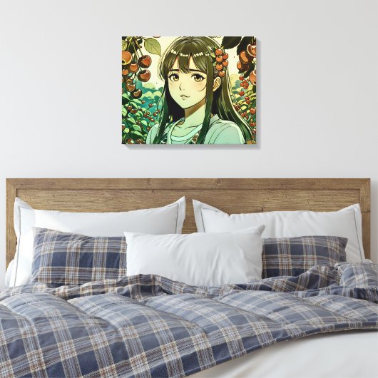 Het meisje met kersenvruchten - Moderne illustrati Canvas Afdruk (Insitu (Slaapkamer))