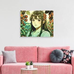 Het meisje met kersenvruchten - Moderne illustrati Canvas Afdruk