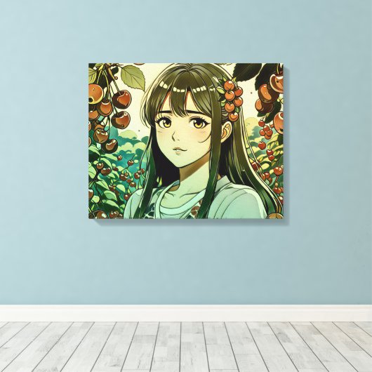 Het meisje met kersenvruchten - Moderne illustrati Canvas Afdruk (Insitu (Houten vloer))