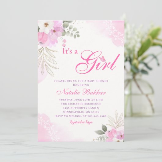 Het meisje met roze Waterverf Floral Baby Girl Sho Kaart (Staand voorkant)