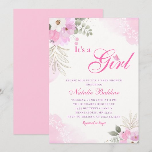 Het meisje met roze Waterverf Floral Baby Girl Sho Kaart (Voorkant / Achterkant)