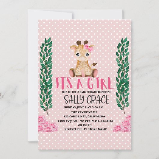 Het meisje, roze, Giraffe, Baby shower Kaart (Voorkant)