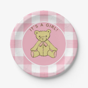 Het Meisje van het baby shower draagt met de Roze Papieren Bordje