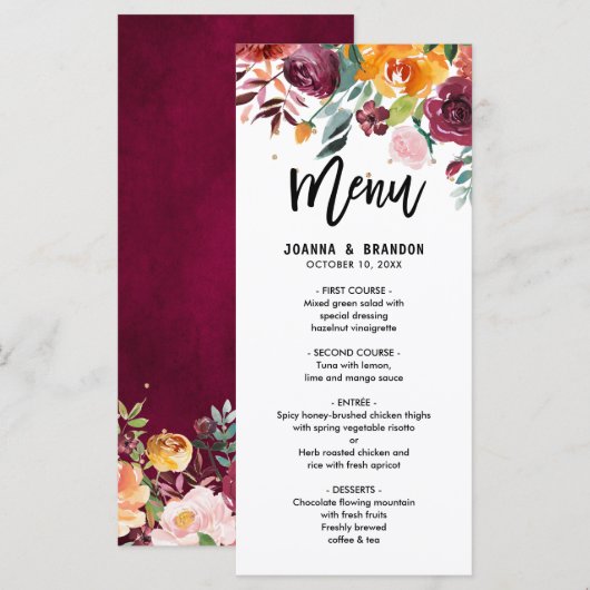 Het menu Autumn Burgundy Blush Floral Blossom Wedd (Voorkant / Achterkant)