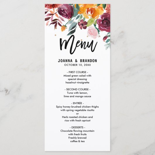 Het menu Autumn Burgundy Blush Floral Blossom Wedd (Voorkant)
