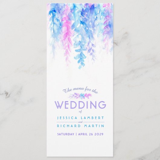 Het menu blauw cascading floral art waterverf (Voorkant)