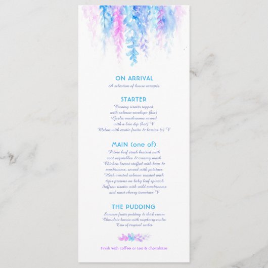 Het menu blauw cascading floral art waterverf (Achterkant)