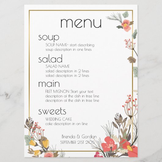 Het Menu-Bloemen van de bruiloft & Gold lijst Menu (Voorkant)