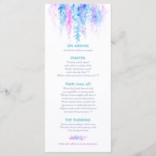 Het menu blue cascading floral art waterverf pack (Achterkant)
