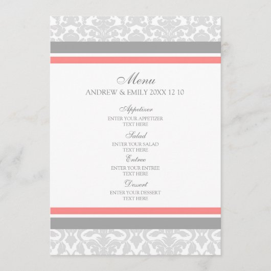 Het menu Coral Grey Floral Damask (Voorkant)