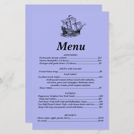 Het menu Galleon (Voorkant / Achterkant)