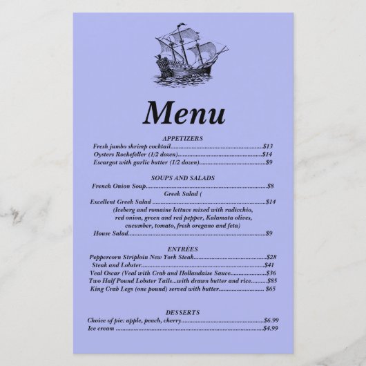 Het menu Galleon (Voorkant)