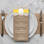 Het menu Geel Collectie voor gouden handdoeken<br><div class="desc">Het gele collectie van het strand van de zanddollar is een verbluffend design met een prachtige rustische achtergrond van het burlap-effect, met een romantische witte rand-effectrede afgewerkt met een verbluffende zanddollar- en gele lint. Deze menukaarten kunnen voor je speciale gelegenheid worden gepersonaliseerd en maken de perfecte sjabloon voor trouwmenu's, vrijgezellenfeest...</div>