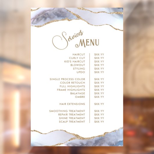 Het menu Grey Blue Agate Services Raamsticker (Vel 2)