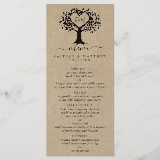 Het menu Rustic Heart Tree Wedding Collectie (Voorkant)