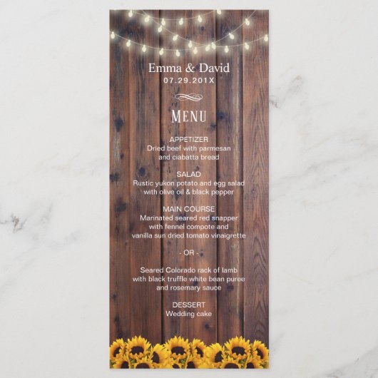 Het menu Rustige Sunflower & String Lights Wedding (Voorkant)