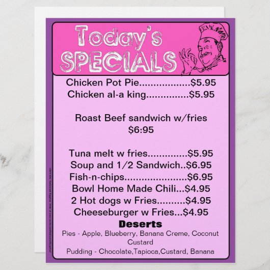 Het menu Specials van vandaag voegt de levering va (Voorkant / Achterkant)