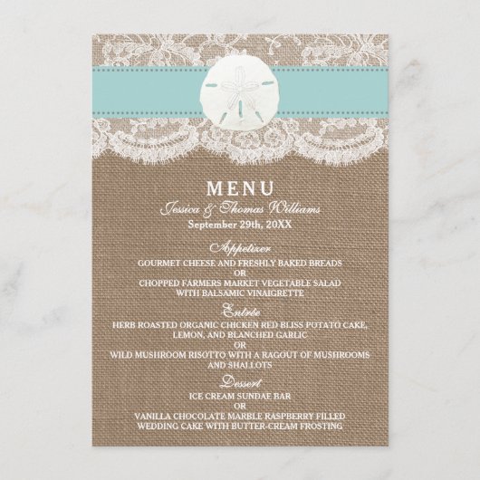 Het menu Turquoise Sand Dollar Wedding Collectie (Voorkant)