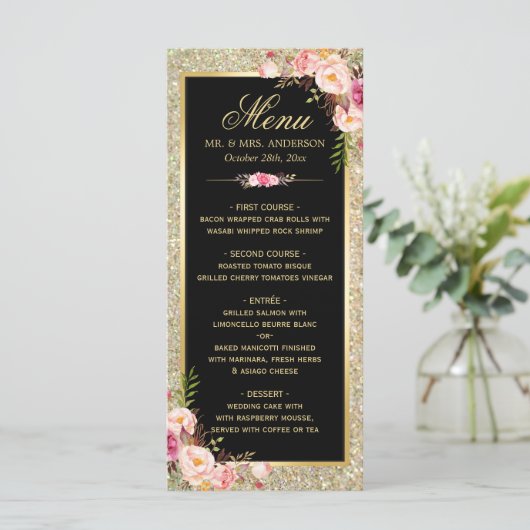 Het Menu van de bruiloft Classy Floral Gold Glitte (Staand voorkant)