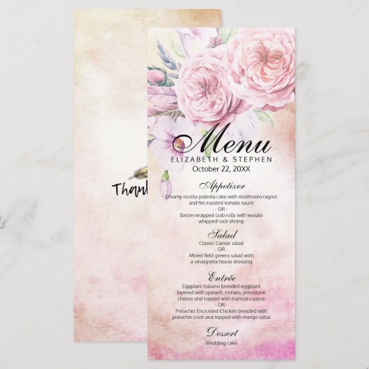 Het Menu van de bruiloft Elegant Waterverf Floral (Voorkant / Achterkant)