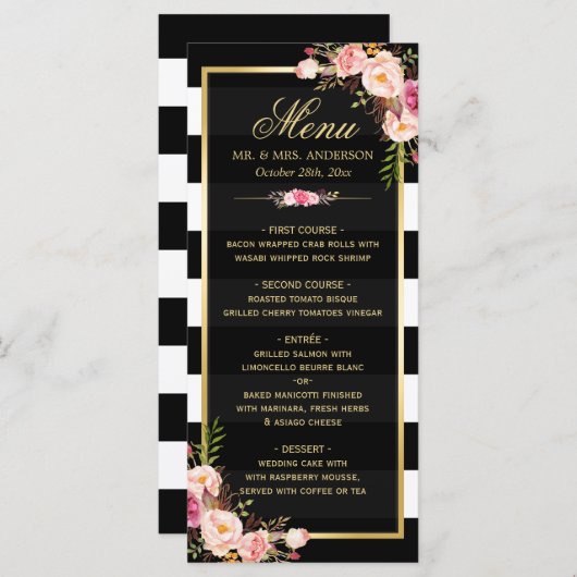 Het Menu van de bruiloft  Floral Black White Strip (Voorkant / Achterkant)