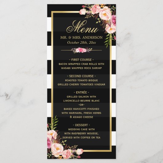 Het Menu van de bruiloft  Floral Black White Strip (Voorkant)