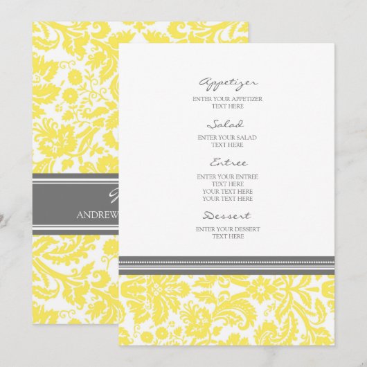 Het Menu van de bruiloft Lemon Gray Damask Pattern (Voorkant / Achterkant)