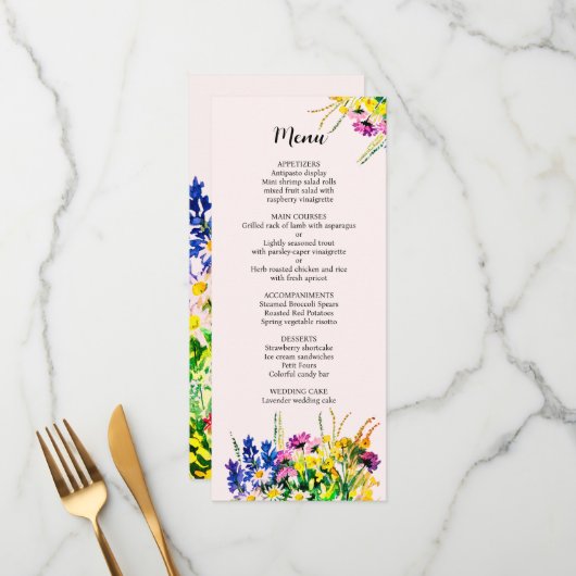 Het menu van de bruiloft met zomerbloemen (Voorkant / Achterkant in situ)