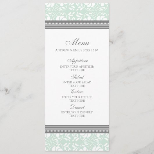 Het Menu van de bruiloft Mint Gray Floral Damask (Voorkant)