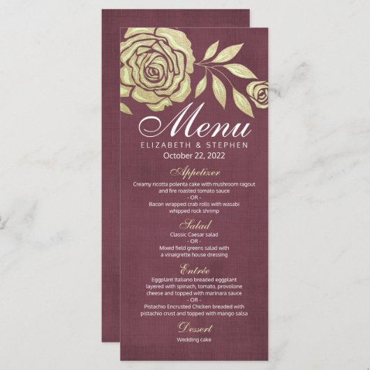 Het Menu van de bruiloft Modern Chic Golden Rozen (Voorkant / Achterkant)