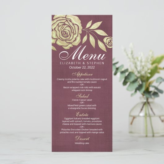 Het Menu van de bruiloft Modern Chic Golden Rozen  (Staand voorkant)
