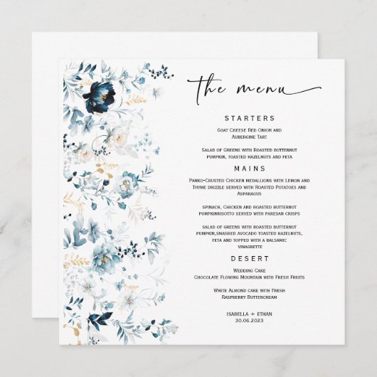 Het Menu van de bruiloft Navy Blue en Gold Sjabloo (Voorkant / Achterkant)