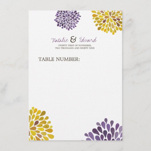 Het Menu van de bruiloft Paarse & Gele Dadhlia Blo (Voorkant)