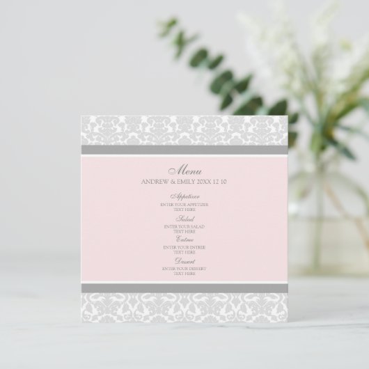 Het Menu van de bruiloft Roze Grijze Floral Damask (Staand voorkant)