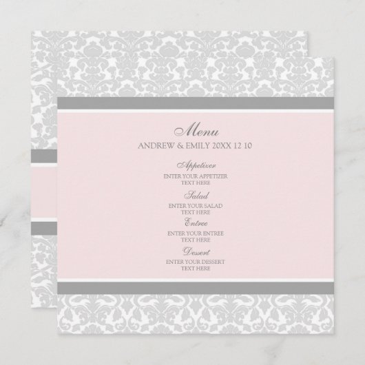 Het Menu van de bruiloft Roze Grijze Floral Damask (Voorkant / Achterkant)