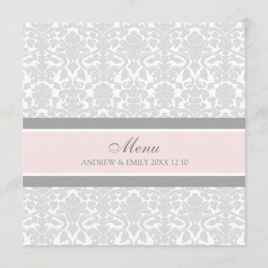 Het Menu van de bruiloft Roze Grijze Floral Damask (Achterkant)