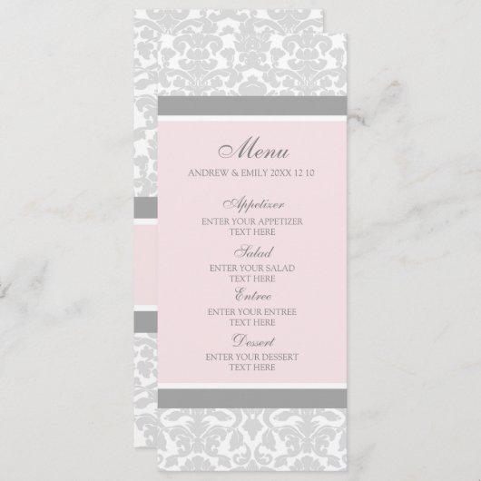Het Menu van de bruiloft Roze Grijze Floral Damask (Voorkant / Achterkant)
