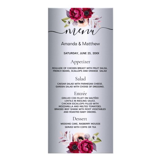 Het menu van de bruiloft zilveren bloemen elegant (Voorkant)