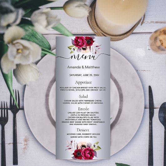 Het menu van de bruiloft zilveren bloemen elegant 