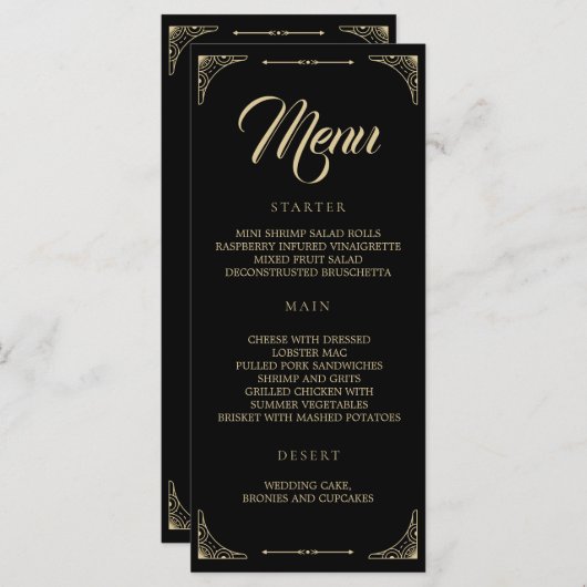 Het Menu van de bruiloft Zwarte Elegant Deco Gold (Voorkant / Achterkant)