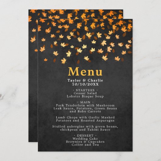 Het menu van de herfst Leaves Gold en Black Weddin (Voorkant / Achterkant)