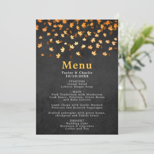 Het menu van de herfst Leaves Gold en Black Weddin (Staand voorkant)