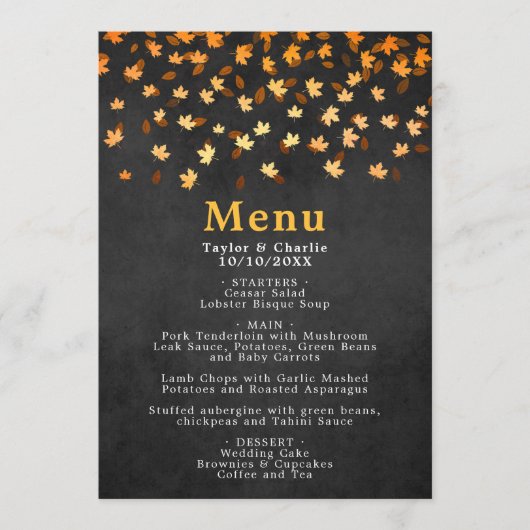 Het menu van de herfst Leaves Gold en Black Weddin (Voorkant)